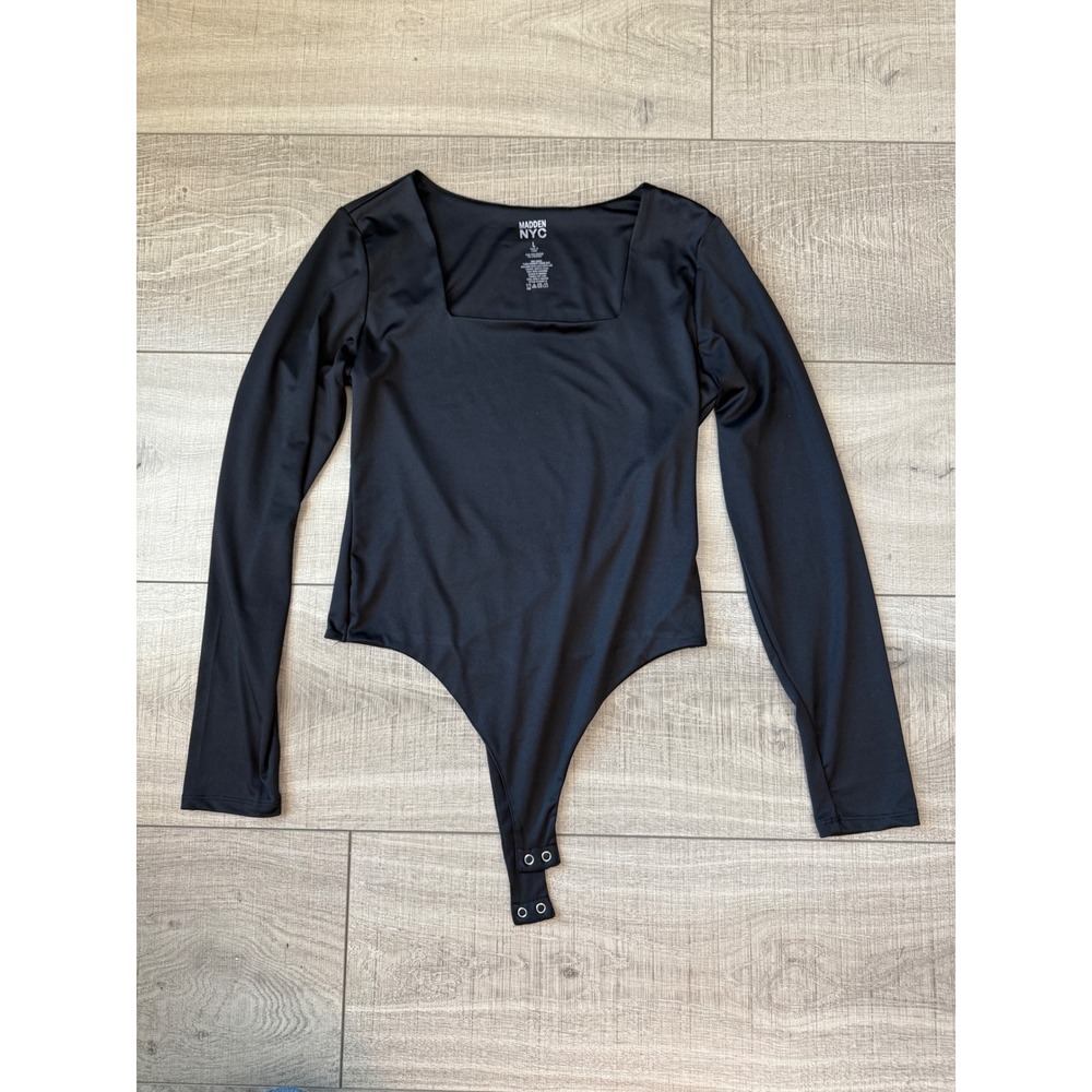 Madden NYC Black Square Neck Long Sleeve Bodysuit‎ Size Large